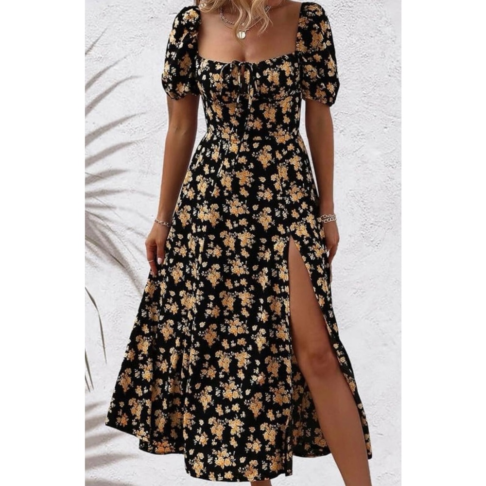 NEW - Black & Yellow Floral Dress XL Sun Dress Summer Dress